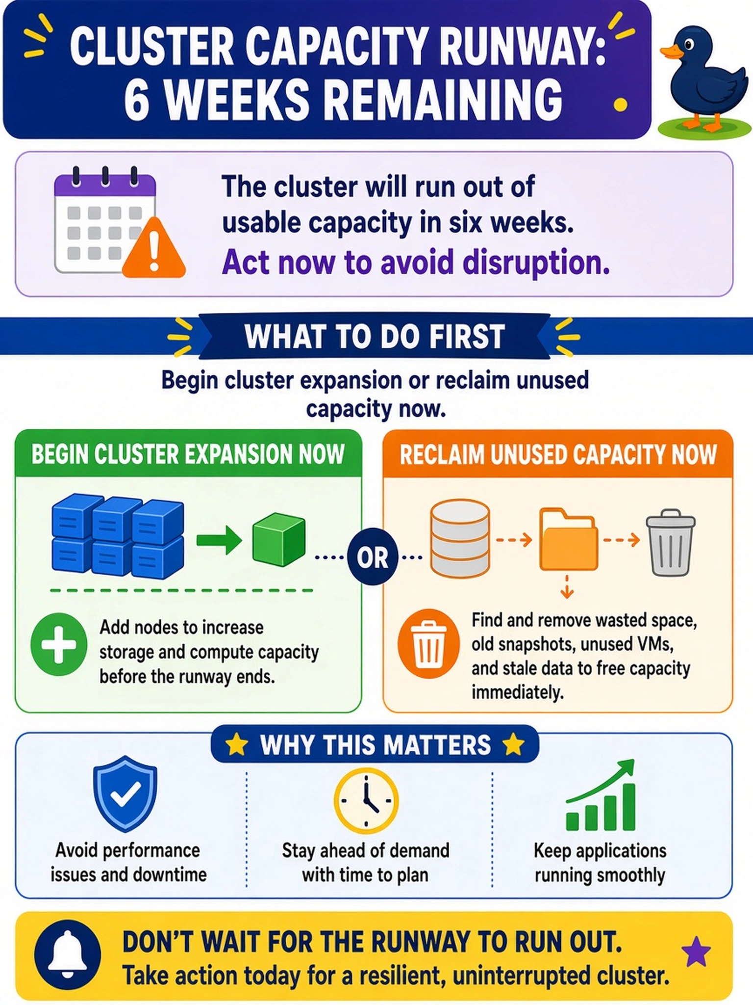 To Create an exciting colorful infographic that explains the concepts in the question: Question: A Nutanix cluster’s capacity runway shows it will run out of usable capacity in six weeks. What should an administrator do first? Correct Answer: Begin cluster expansion or reclaim unused capacity now. Put EVERY visible label in double quotes. No people. No A/B/C/D letters. In one of the four corners put a little "Navy Duck".