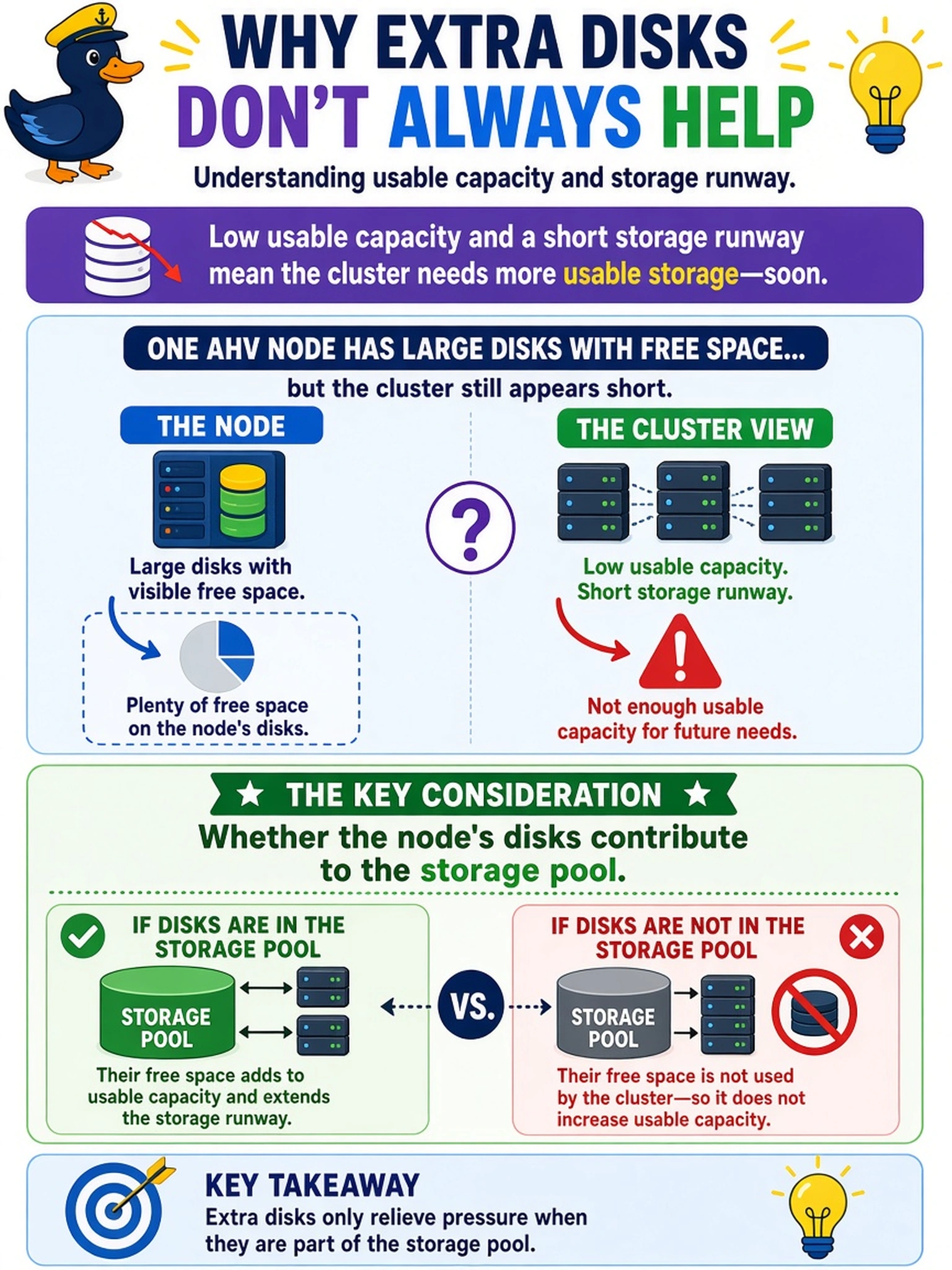 To Create an exciting colorful infographic that explains the concepts in the question: Question: During a capacity review, Prism Central shows low usable capacity and a short storage runway. One AHV node has large disks with free space, but the cluster still appears short. Which consideration best explains why the extra disks are not relieving usable capacity? Correct Answer: Whether the node's disks contribute to the storage pool. Put EVERY visible label in double quotes. No people. No A/B/C/D letters. In one of the four corners put a little "Navy Duck".