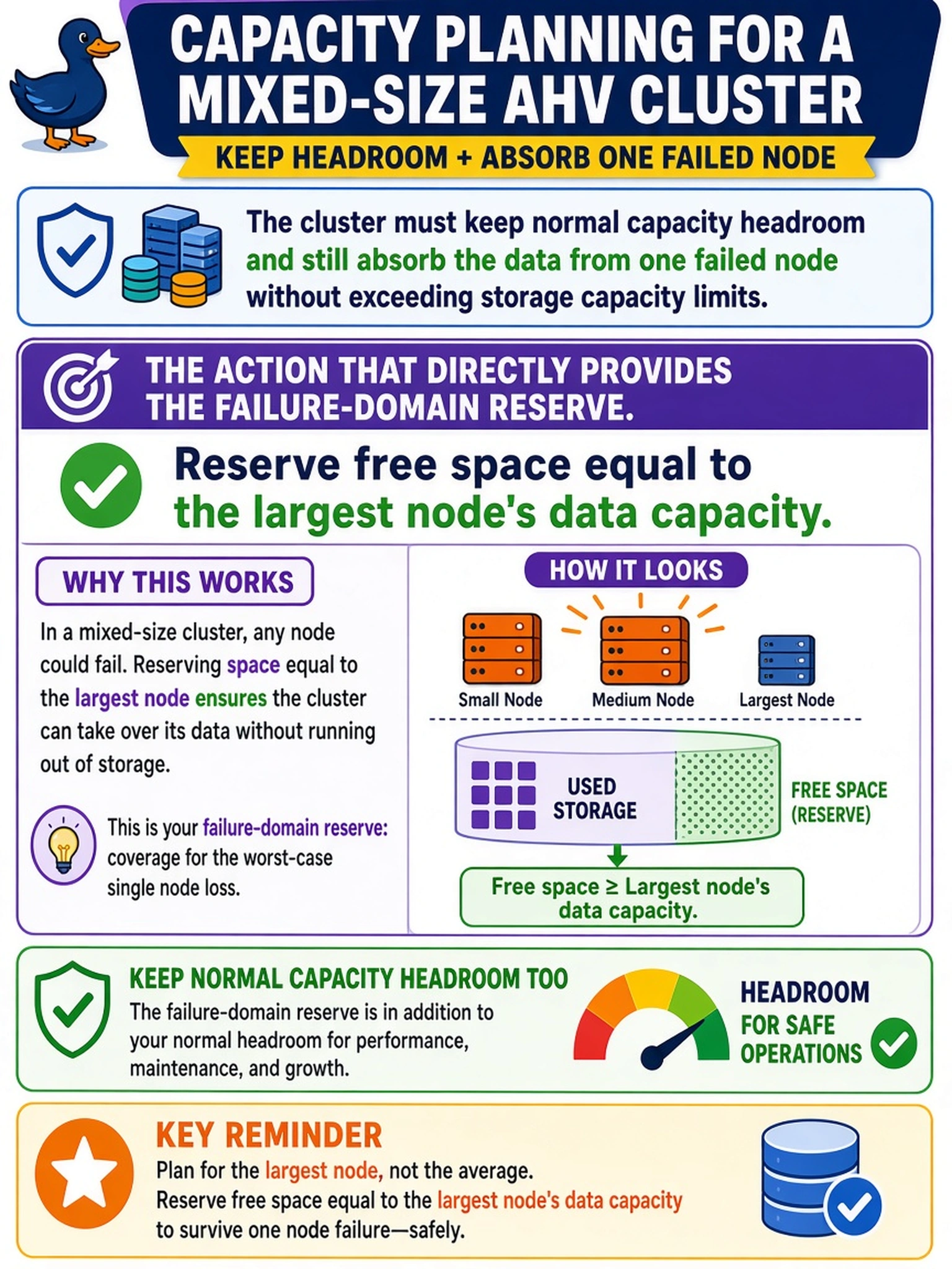 To Create an exciting colorful infographic that explains the concepts in the question: Question: A Nutanix administrator is planning capacity for a mixed-size AHV cluster. The cluster must keep normal capacity headroom and still absorb the data from one failed node without exceeding storage capacity limits. Which capacity-planning action directly provides the failure-domain reserve? Correct Answer: Reserve free space equal to the largest node's data capacity. Put EVERY visible label in double quotes. No people. No A/B/C/D letters. In one of the four corners put a little "Navy Duck".