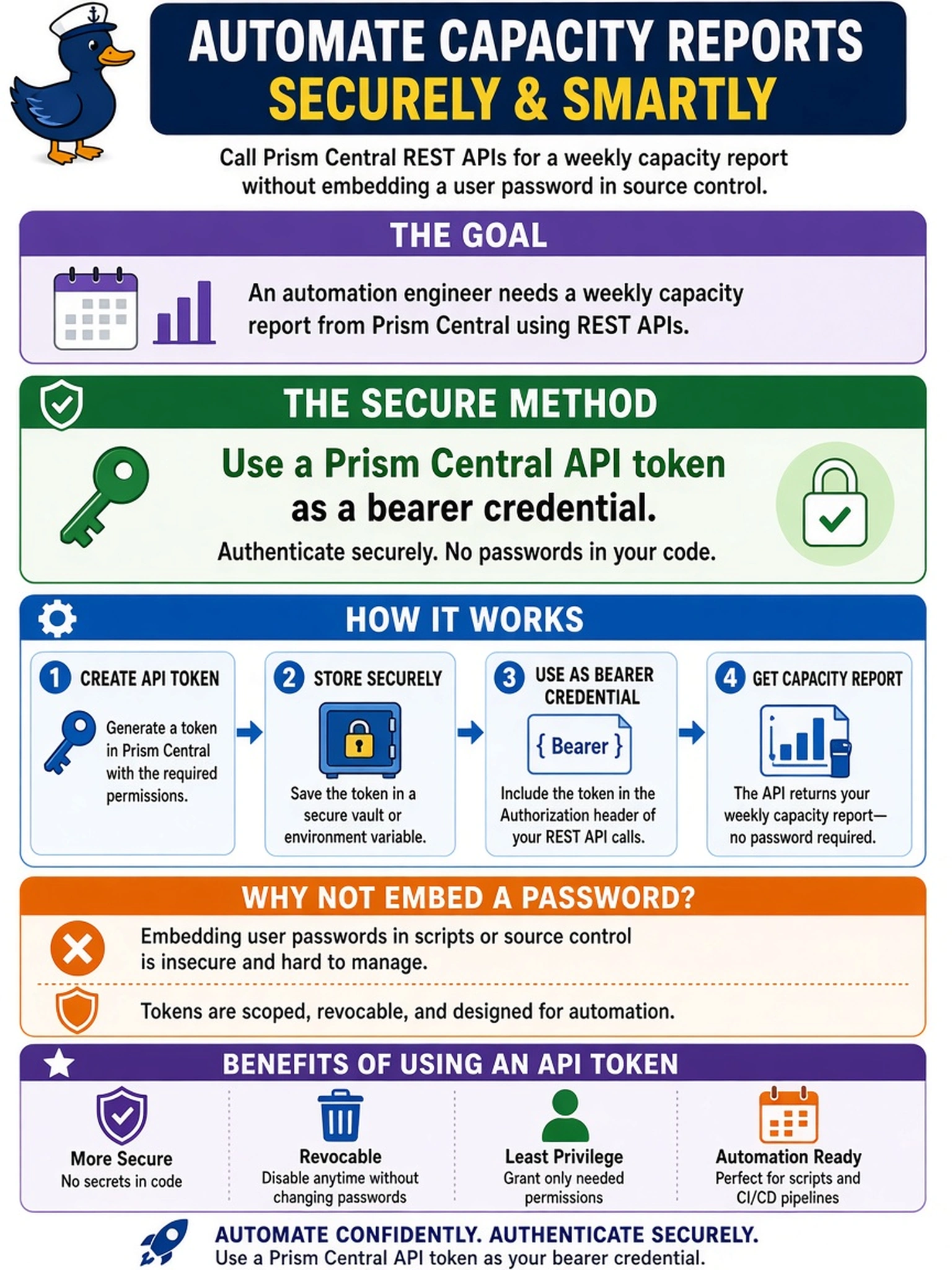 To Create an exciting colorful infographic that explains the concepts in the question: Question: An automation engineer must call Prism Central REST APIs to generate a weekly capacity report. The script must authenticate without embedding a user password in source control. Which method should the engineer use? Correct Answer: Use a Prism Central API token as a bearer credential. Put EVERY visible label in double quotes. No people. No A/B/C/D letters. In one of the four corners put a little "Navy Duck".