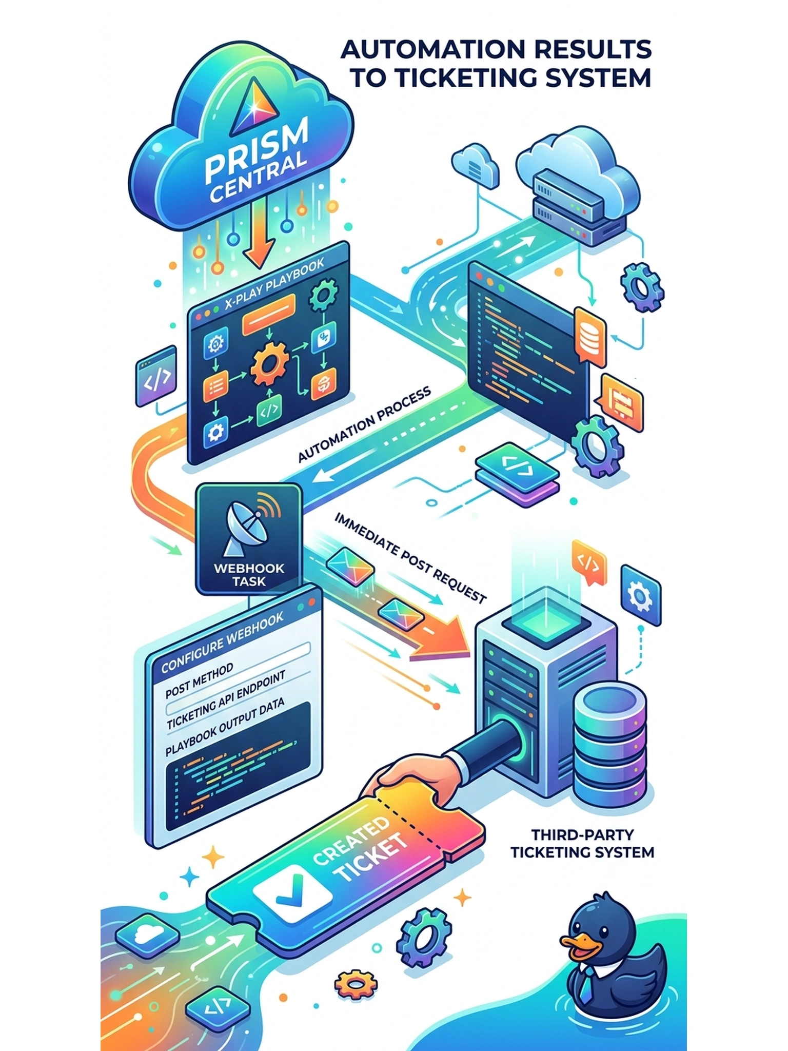 To Create an exciting colorful infographic that explains the concepts in the question: Question: An X-Play playbook in Prism Central produces automation results that a third-party ticketing system must receive immediately. Which integration should you implement so the ticketing system can create tickets from the playbook output? Correct Answer: Configure a webhook task in the playbook to POST results to the ticketing API endpoint. Put EVERY visible label in double quotes. No people. No A/B/C/D letters. In one of the four corners put a little "Navy Duck".