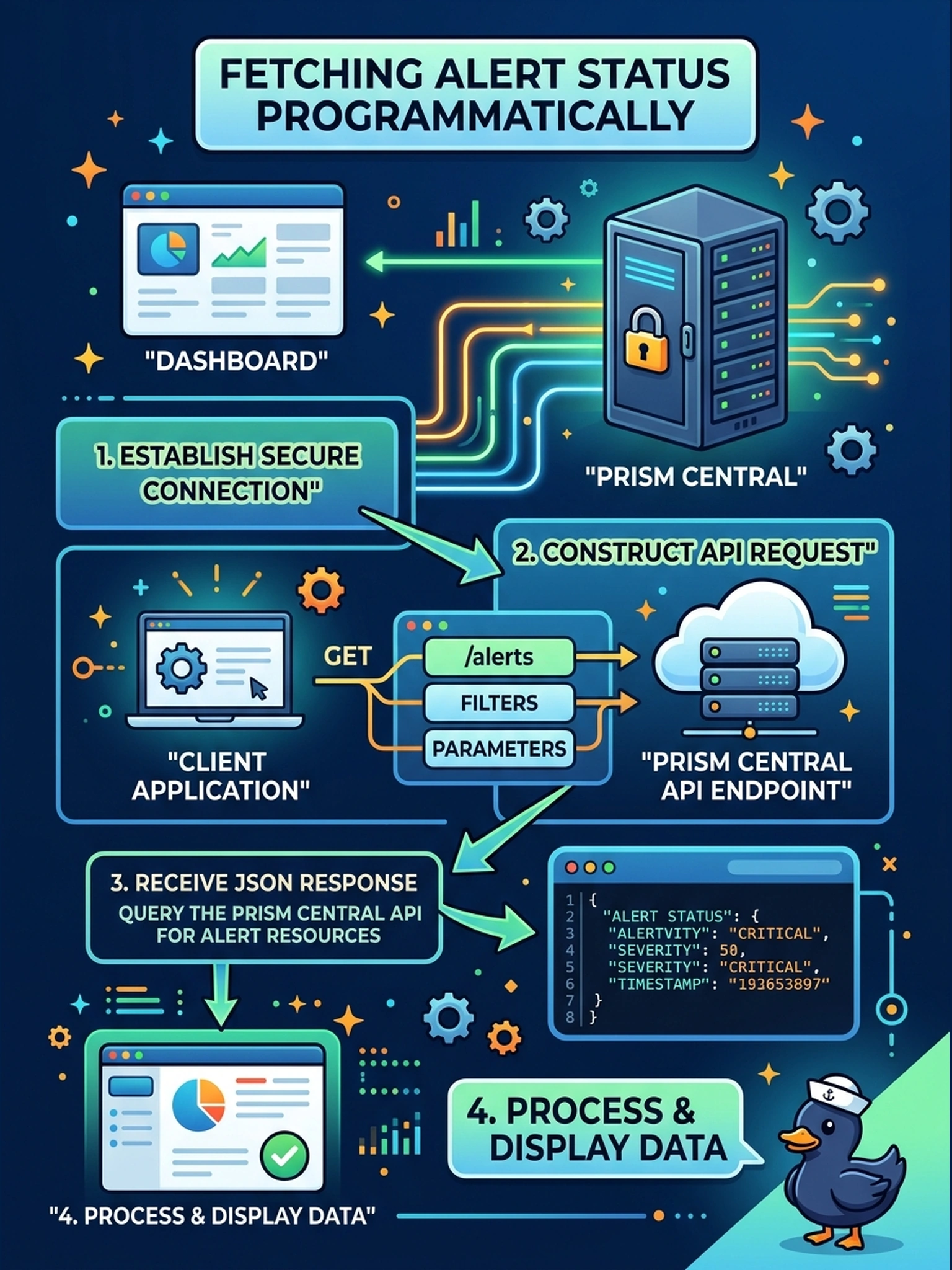To Create an exciting colorful infographic that explains the concepts in the question: Question: An operator must fetch the current alert status from Prism Central programmatically for a dashboard, without opening the UI. Which action should be used? Correct Answer: Query the Prism Central API for alert resources. Put EVERY visible label in double quotes. No people. No A/B/C/D letters. In one of the four corners put a little "Navy Duck".