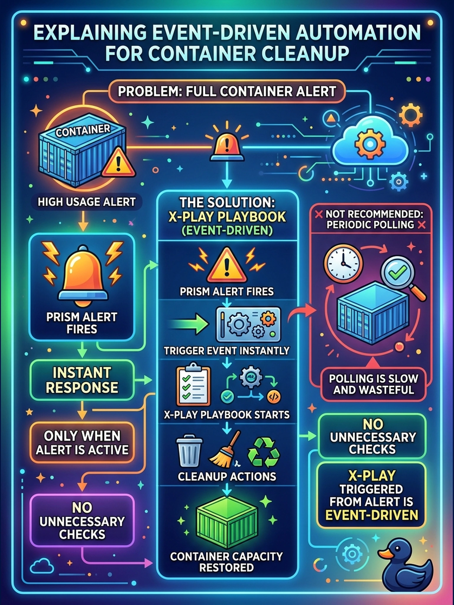 To Create an exciting colorful infographic that explains the concepts in the question: Question: In a Prism Central estate, a Prism alert repeatedly warns that a container is approaching capacity. You want the platform to start a cleanup playbook only when the alert fires, without polling. Which approach uses event-driven automation? Correct Answer: Trigger an X-Play playbook from the alert Put EVERY visible label in double quotes. No people. No A/B/C/D letters. In one of the four corners put a little "Navy Duck".