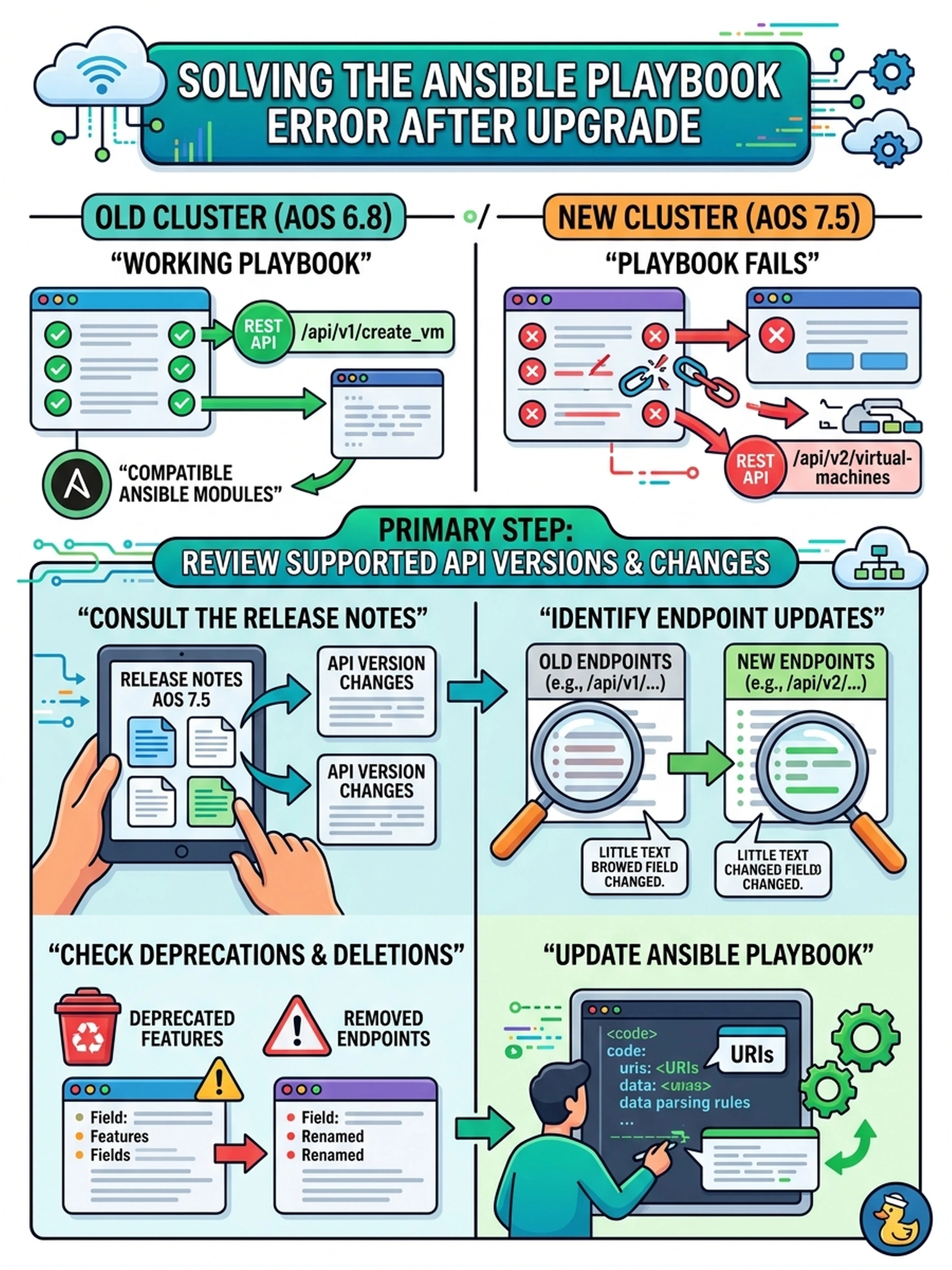To Create an exciting colorful infographic that explains the concepts in the question: Question: An Ansible playbook that creates VMs through the Prism Element REST API works on AOS 6.8 but starts failing after a cluster upgrade to AOS 7.5. The playbook now receives HTTP 404 responses and cannot parse some response fields. What should you verify first? Correct Answer: Review supported API versions and endpoint changes in the release notes Put EVERY visible label in double quotes. No people. No A/B/C/D letters. In one of the four corners put a little "Navy Duck".