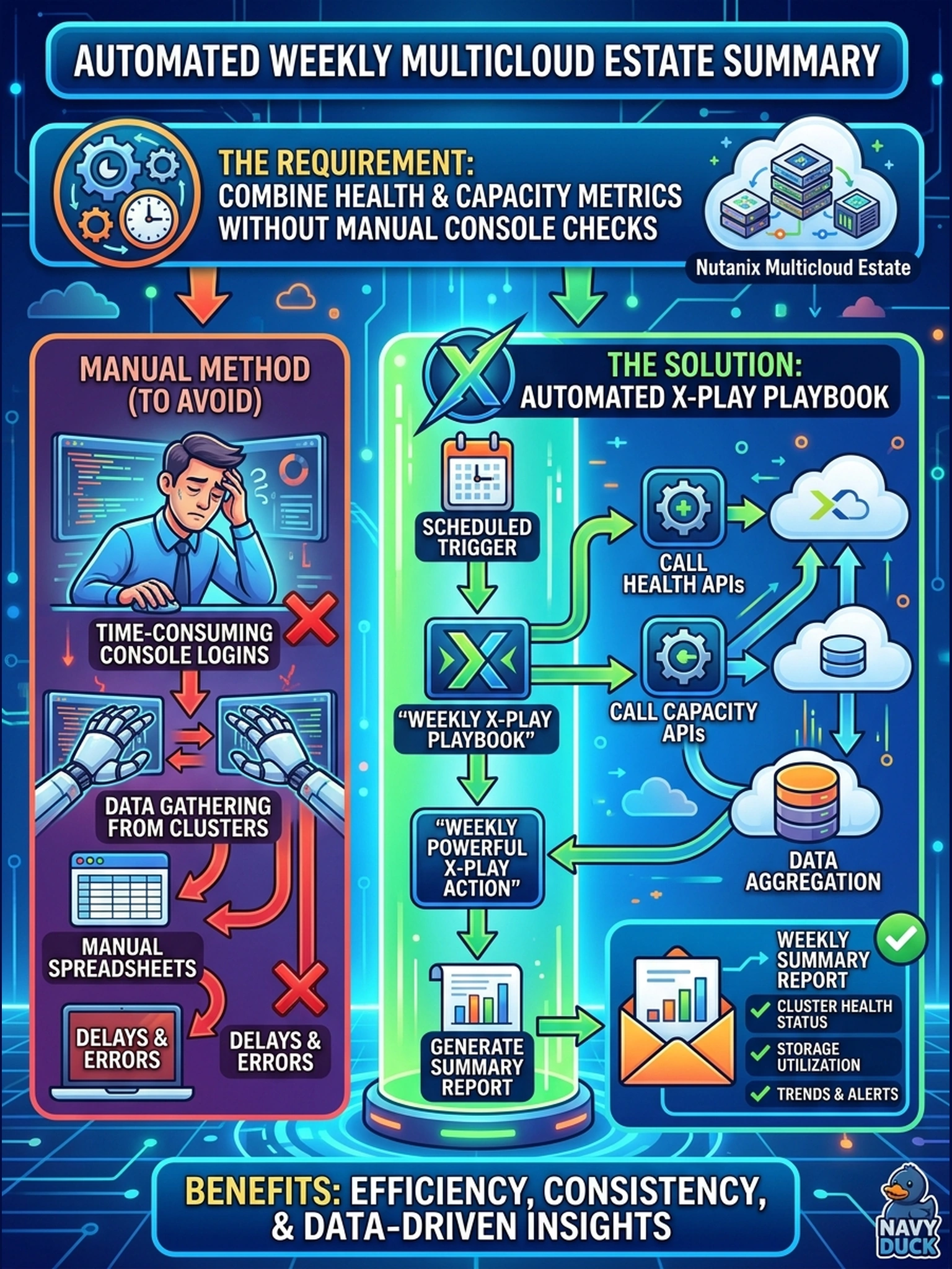 To Create an exciting colorful infographic that explains the concepts in the question: Question: An administrator needs an automated weekly capacity and health summary for a Nutanix multicloud estate. The summary must combine cluster health and capacity metrics without manual console checks. Which approach meets this requirement? Correct Answer: Schedule an X-Play playbook that calls health and capacity APIs weekly Put EVERY visible label in double quotes. No people. No A/B/C/D letters. In one of the four corners put a little "Navy Duck".