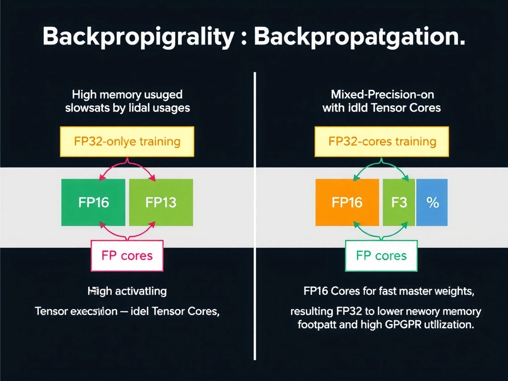 A comparison diagram showing the flow of data through GPU cores during backpropagation under two scenarios: FP32-only training (showing high memory usage, slower execution, and idle Tensor Cores) versus Mixed-Precision training (showing FP16 activations utilizing Tensor Cores for fast matrix math, alongside FP32 master weights, resulting in lower memory footprint and high GPU utilization).