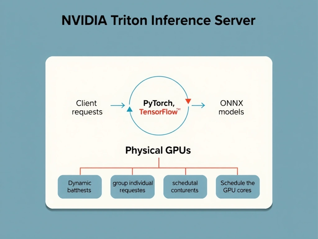 An architecture diagram of NVIDIA Triton Inference Server sitting in the middle of client requests (sending HTTP/gRPC requests) and physical GPUs. The server is shown accepting PyTorch, TensorFlow, and ONNX models, applying dynamic batching to group individual requests, and scheduling them concurrently onto the GPU cores.
