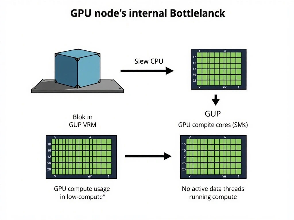 A diagram illustrating a GPU node's internal bottleneck. It shows a large block of data sitting statically in GPU VRAM (representing high memory usage), while the GPU compute cores (SMs) are shown with no active data threads running on them (representing low compute). An arrow points from a slow CPU data-loader block, highlighting it as the cause.