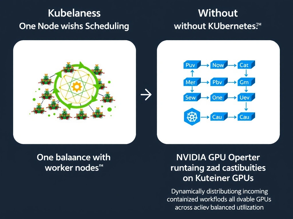 A diagram illustrating Kubernetes scheduling with and without the NVIDIA GPU Operator. On one side, show unbalanced worker nodes (one node overloaded with pods, another node with idle GPUs). On the other side, show the NVIDIA GPU Operator running on Kubernetes, dynamically distributing incoming containerized workloads across all available GPUs to achieve balanced utilization.