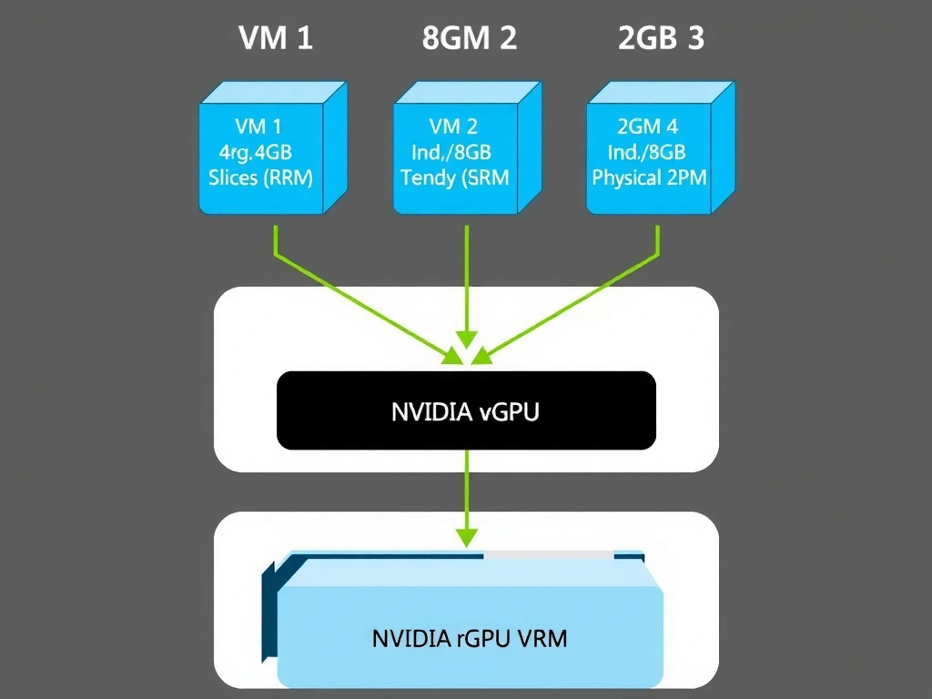 A schematic diagram showing a physical NVIDIA GPU at the base, with an NVIDIA vGPU software layer on top. Above this layer, show three virtual machines (VMs) accessing different sized virtual GPU slices (e.g., VM 1 with 4GB VRAM, VM 2 with 8GB VRAM, VM 3 with 2GB VRAM), demonstrating dynamic, isolated allocation of a single physical GPU.