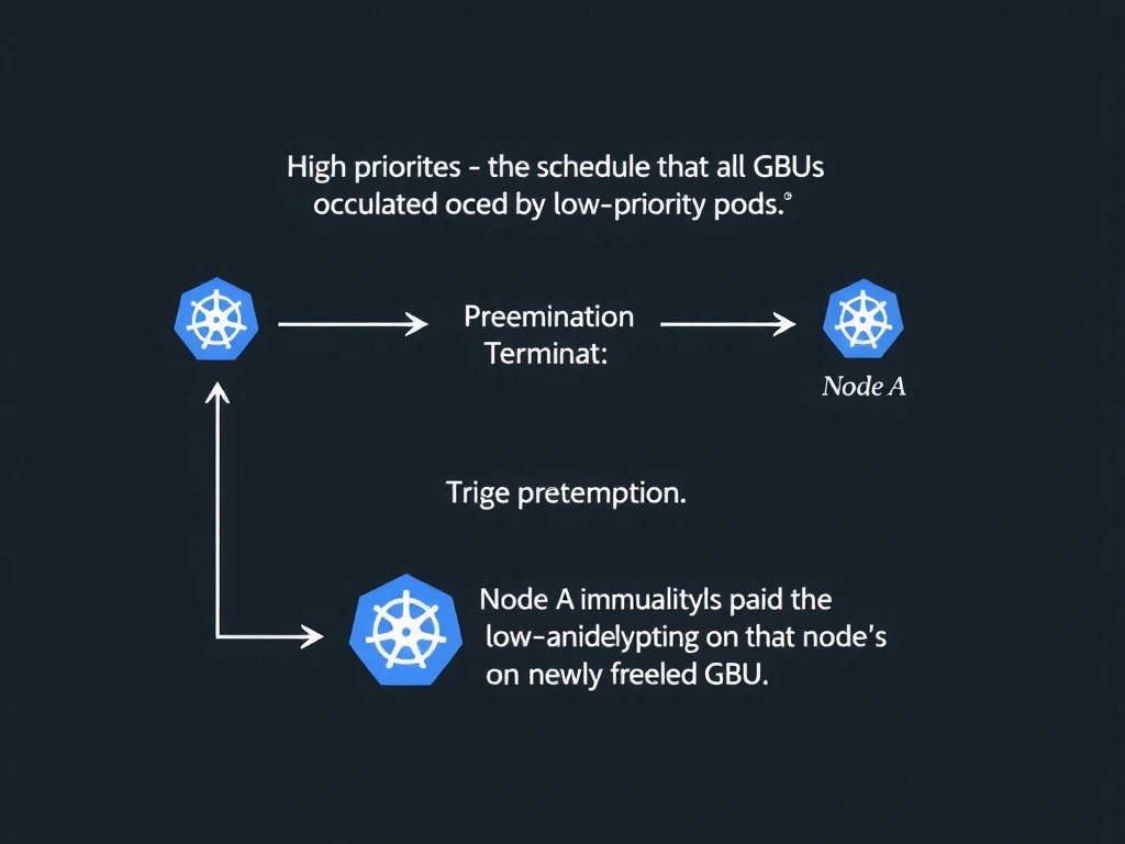 A sequence diagram showing a high-priority pod arriving at the Kubernetes scheduler. The scheduler detects that all GPUs are occupied by low-priority pods. The scheduler triggers preemption, terminating a low-priority pod on Node A and immediately deploying the high-priority pod on that node's newly freed GPU.
