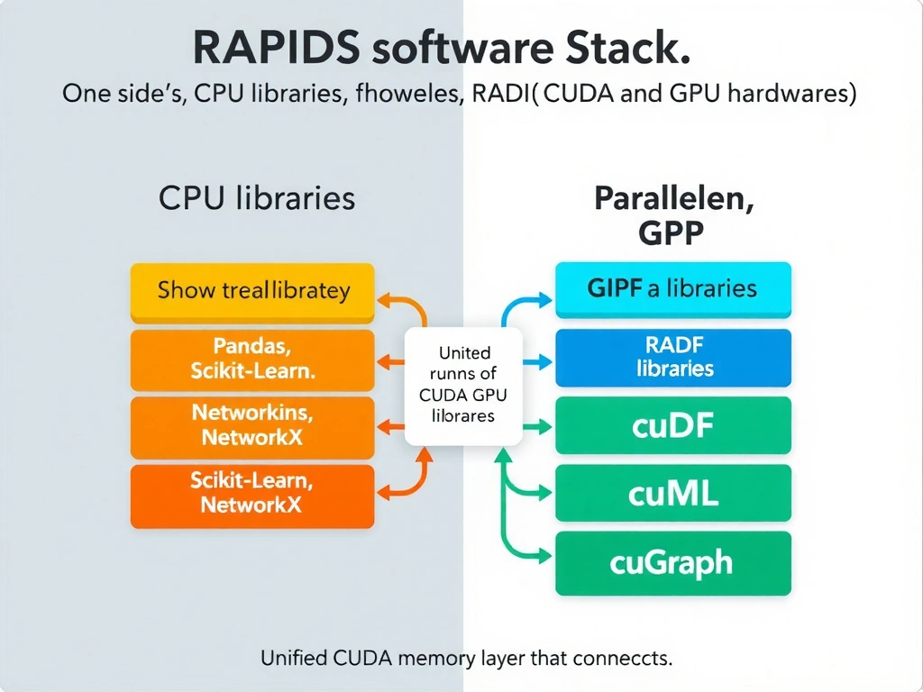 A conceptual diagram showing the RAPIDS software stack. On one side, show the traditional CPU libraries (Pandas, Scikit-Learn, NetworkX). On the parallel GPU side, show the corresponding RAPIDS libraries (cuDF, cuML, cuGraph) running on CUDA and GPU hardware, highlighting the unified CUDA memory layer that connects them.