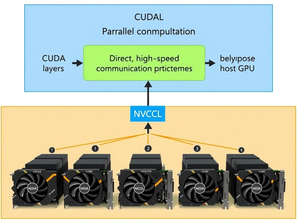 A system stack diagram showing a multi-GPU server. The bottom layer shows multiple physical GPUs connected by NVLink. Above it, the CUDA layer executes parallel computation, and the NCCL layer handles direct, high-speed collective communication primitives between the GPUs, bypassing the host CPU.