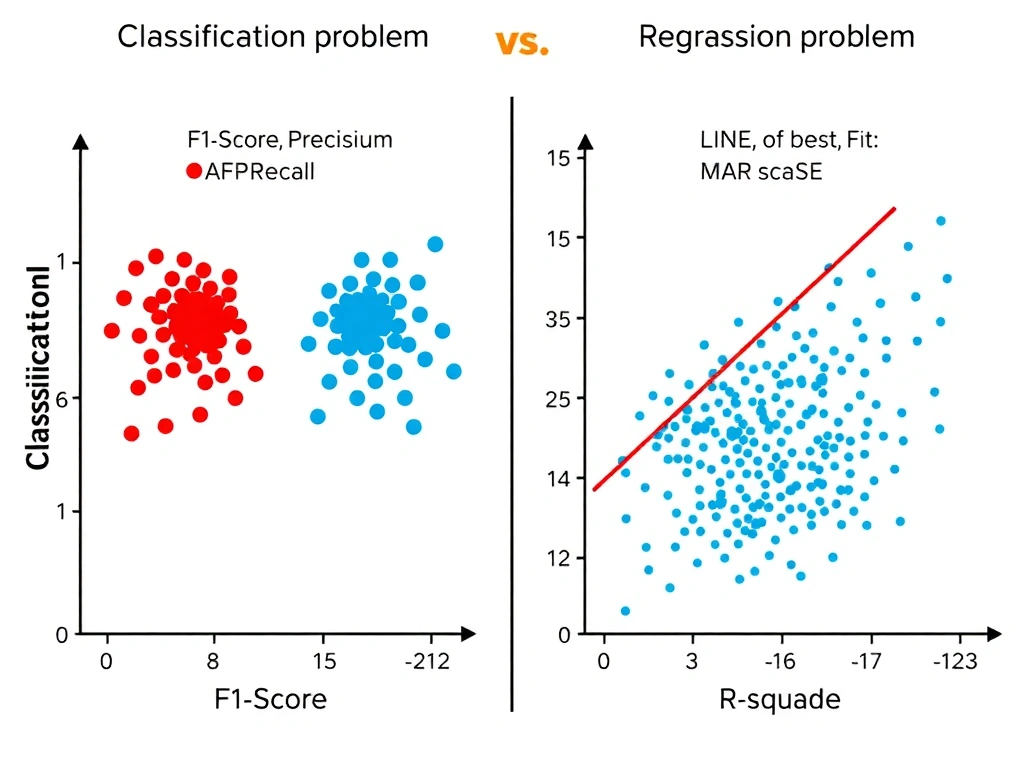 A comparison diagram showing a classification problem vs a regression problem. On the classification side, it shows data points grouped into two distinct colors (red and blue) with metrics like F1-Score, Precision, and Recall. On the regression side, it shows a line of best fit through scattered continuous data points with metrics like MAE, MSE, and R-squared highlighted.