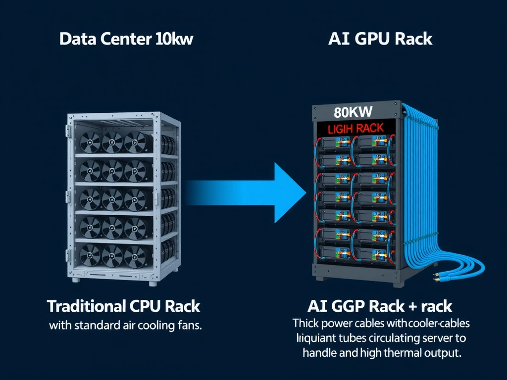 A comparison diagram of two data center racks. The left rack represents a 'Traditional CPU Rack' drawing 10kW, with standard air cooling fans. The right rack represents an 'AI GPU Rack' drawing 80kW, showing thick power cables feeding the rack and a liquid-cooling loop with coolant tubes circulating to the servers to handle high thermal output.