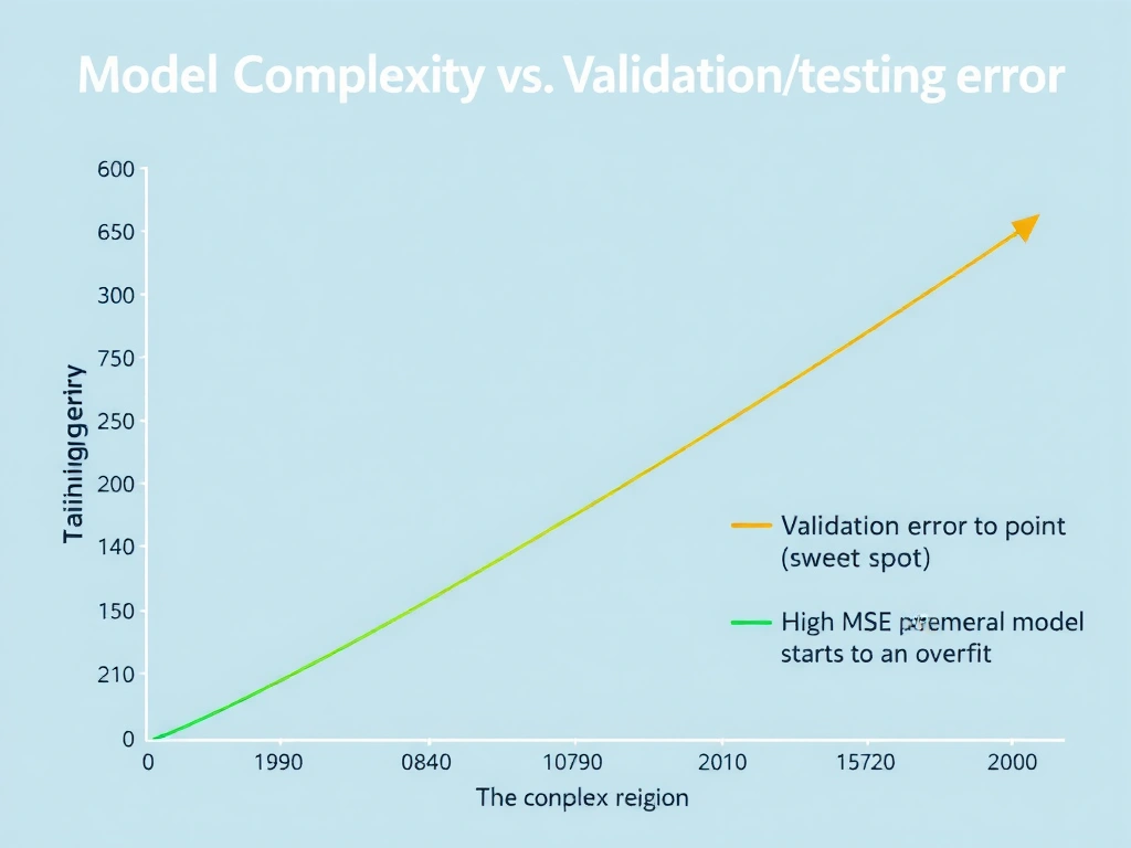 A comparison chart of model complexity versus error rates (training error vs. validation/testing error). It should show training error continuously decreasing as complexity increases, while validation/testing error decreases to a point (sweet spot) and then sharply increases as the model starts to overfit, highlighting the high MSE region for complex models.