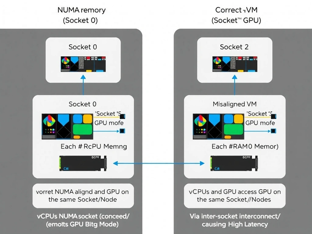 A diagram showing a multi-socket server architecture with two NUMA nodes (Socket 0 and Socket 1). Each socket has its own local memory (RAM) and a connected GPU via PCIe. The diagram should illustrate the contrast between a correct NUMA-aligned VM (vCPUs and GPU on the same Socket/Node) and a misaligned VM (vCPUs on one socket accessing a GPU on the other socket via the inter-socket interconnect, causing high latency).