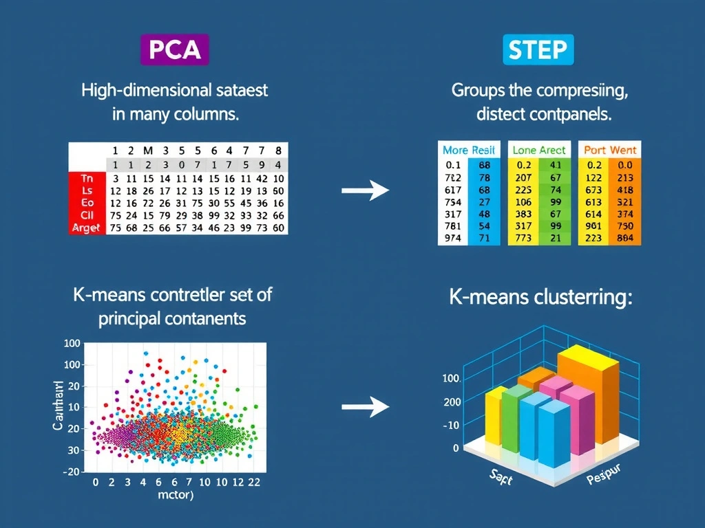 A multi-step diagram showing a high-dimensional dataset (a large table with many columns) passing through a PCA step (which compresses the columns into a smaller set of principal components), followed by a K-means clustering step that groups the compressed data points into distinct, color-coded clusters on a 2D or 3D scatter plot.