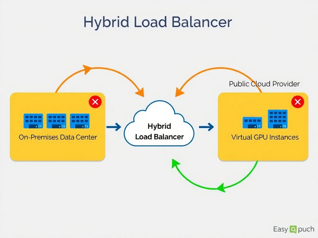 An architectural diagram showing a Hybrid Load Balancer at the center. On one side is an 'On-Premises Data Center' with GPU clusters, and on the other is a 'Public Cloud Provider' with virtual GPU instances. Arrows show the load balancer dynamically routing tasks and traffic to both sides based on capacity, with a red cross on a failed node and a green arrow rerouting tasks to an active node.