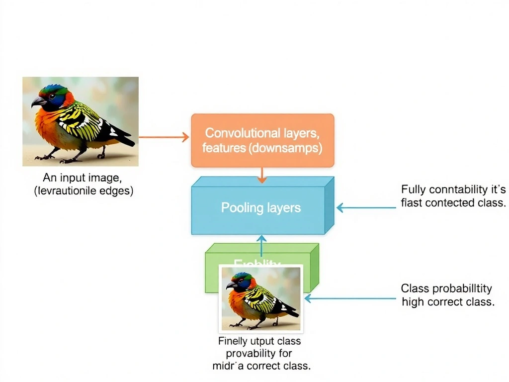 A diagram illustrating the architecture of a Convolutional Neural Network (CNN). An input image of an object passes through multiple layers: convolutional layers (extracting features like edges), pooling layers (downsampling), fully connected layers, and finally outputting class probabilities with high confidence for the correct class.