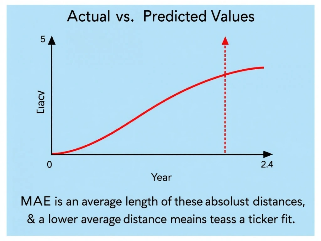 A graph showing actual vs. predicted values for a regression model. Vertical lines (residuals/errors) should be drawn from the actual data points to the prediction line. The text should explain that MAE is the average length of these absolute vertical distances, and a lower average distance means a tighter fit.