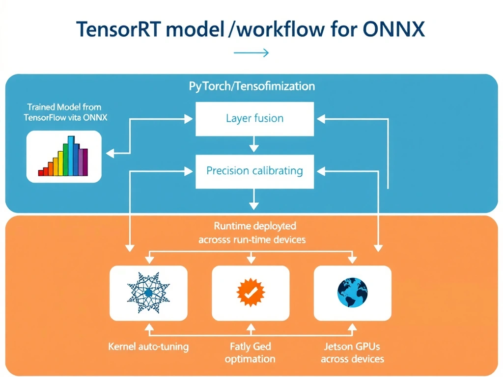 A workflow diagram illustrating the compilation process of a trained model (from frameworks like PyTorch/TensorFlow via ONNX) passing through TensorRT optimization steps (layer fusion, precision calibration, kernel auto-tuning) to produce an optimized runtime engine deployed across cloud GPUs and Jetson edge devices.