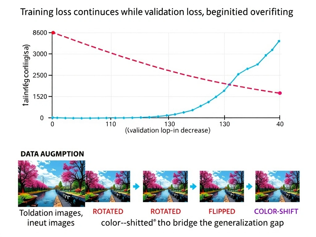 A conceptual graph displaying training loss continuing to decrease while validation loss begins to rise (indicating overfitting), accompanied by a visual representation of data augmentation showing a single input image transformed into multiple variants (rotated, flipped, color-shifted) to bridge the generalization gap.