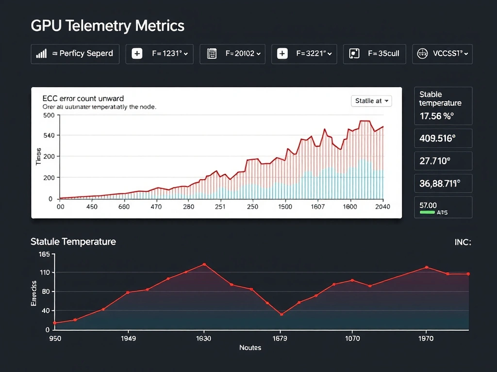 A dashboard mockup highlighting GPU telemetry metrics, showing a graph where ECC error count spikes upward over time, prompting an automated administrative action to drain the node, contrasted with stable temperature and clock speed lines.