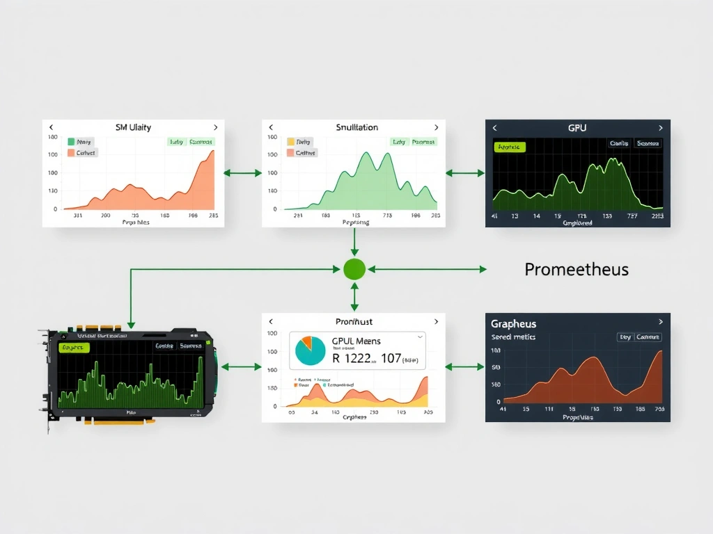 A monitoring architecture diagram showing GPUs sending performance metrics (SM utilization, memory) through NVIDIA DCGM to Prometheus, which displays them on a Grafana dashboard.