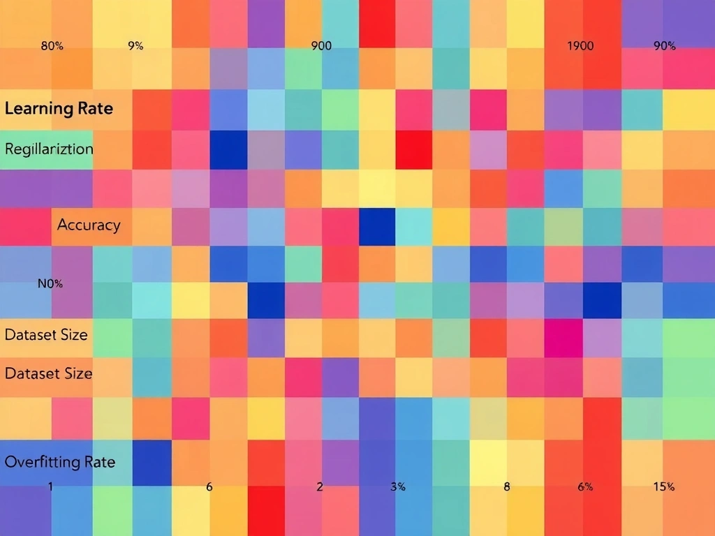 A heatmap representation of a correlation matrix, showcasing variables like Learning Rate, Regularization, Dataset Size, Accuracy, and Overfitting Rate, with cells colored by their correlation coefficients.