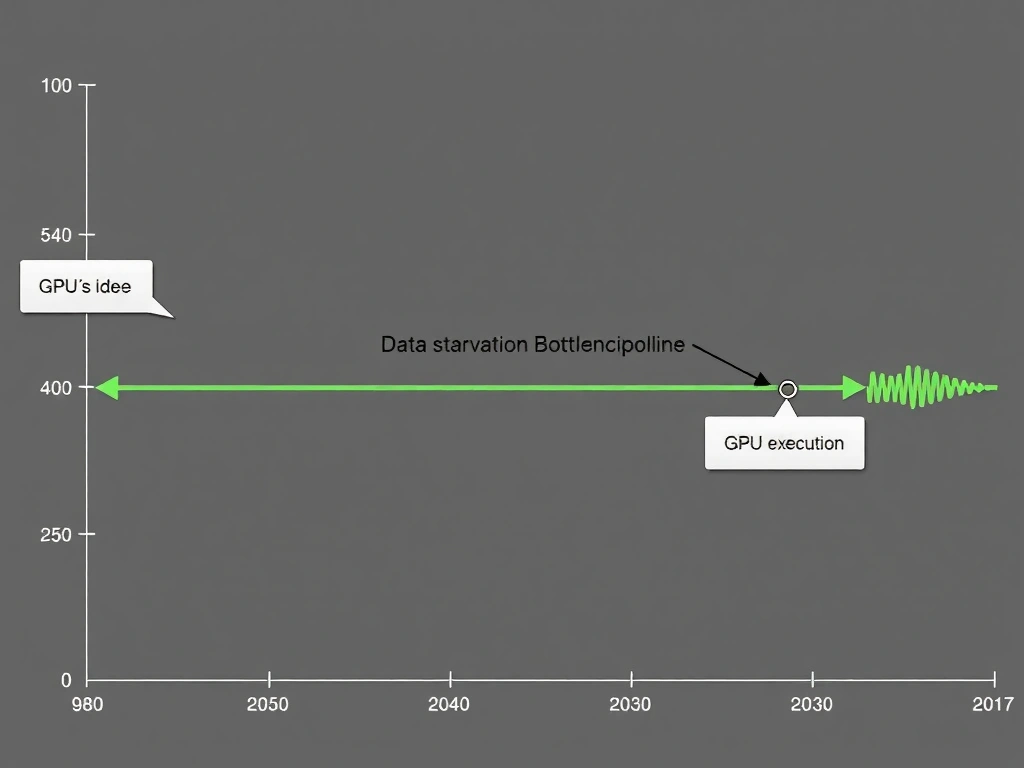 A timeline profiling graph showing a sequence where a GPU is idle (waiting for host CPU data transfer), followed by a brief GPU execution block, illustrating a data starvation bottleneck in the host data pipeline.