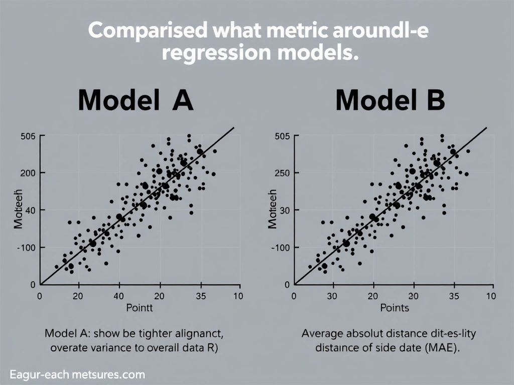 A comparison chart of two regression models, showing data points around a regression line. Model A shows tighter alignment to overall data variance (high R-squared), while Model B's average absolute distance of points (MAE) is compared side-by-side, defining what each metric measures.
