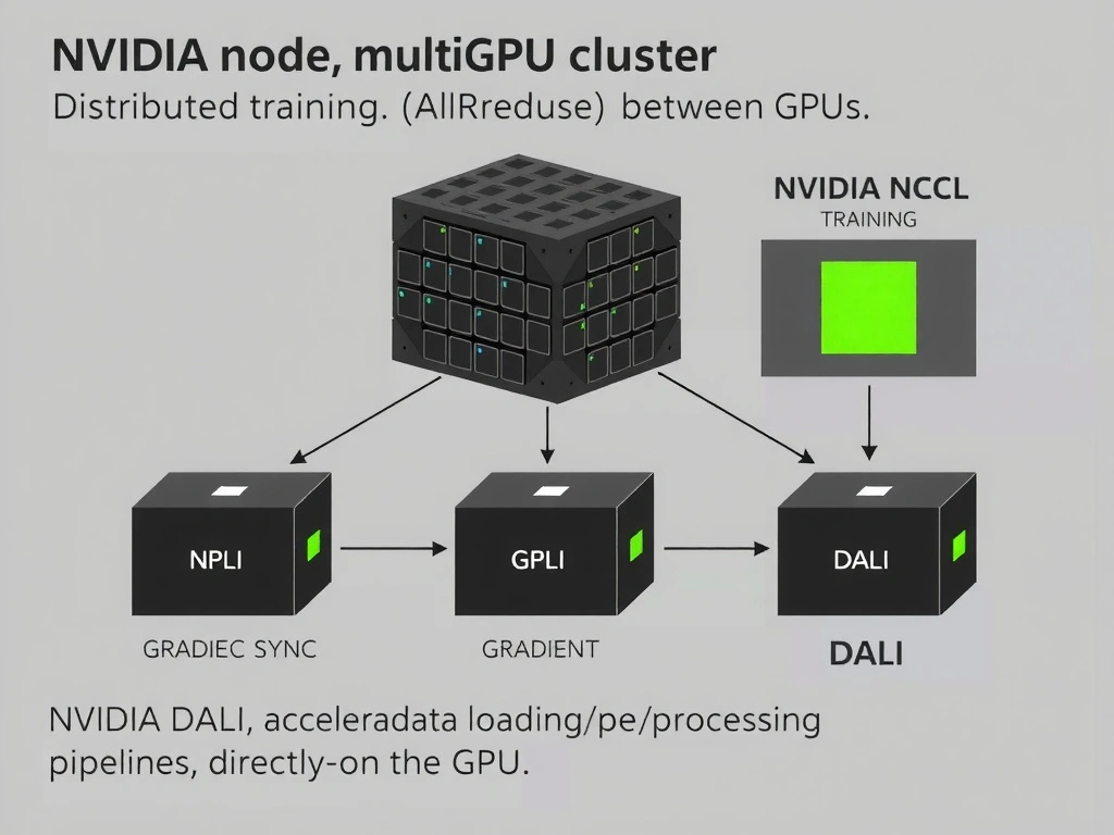 A diagram of a multi-node, multi-GPU cluster demonstrating distributed training. It highlights NVIDIA NCCL optimizing gradient sync (AllReduce) between GPUs, and NVIDIA DALI accelerating data loading/preprocessing pipelines directly on the GPU.