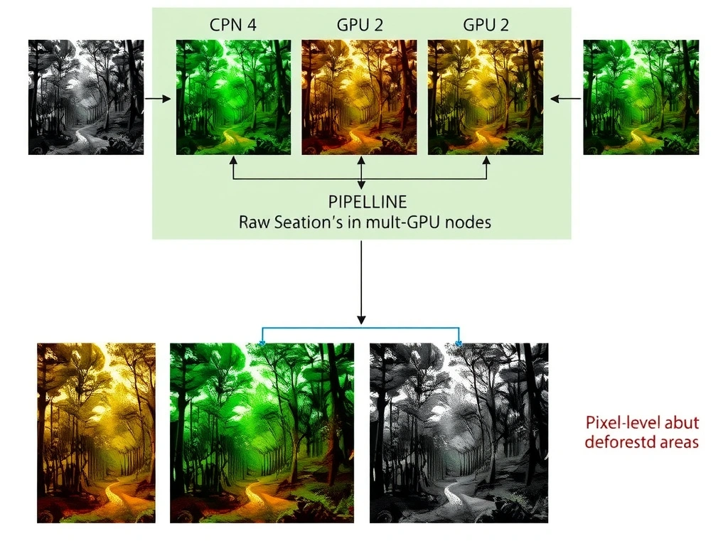 The image should depict a pipeline architecture for distributed satellite image processing. It should illustrate raw satellite images being distributed across a cluster of multi-GPU nodes, showing a Convolutional Neural Network (CNN) performing semantic segmentation (pixel-level classification showing forest vs. deforested areas) on the GPUs.