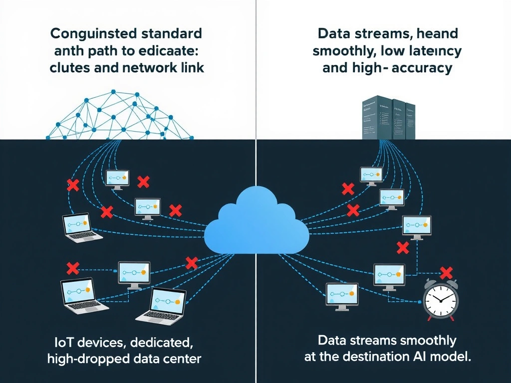 The image should compare a congested standard network path with a dedicated, high-bandwidth network link. It should show IoT devices streaming data to a central cloud data center. On the congested path, packets are delayed and dropped (represented by red crosses and clock icons), while on the dedicated link with QoS, data streams smoothly and continuously, maintaining low latency and high accuracy at the destination AI model.