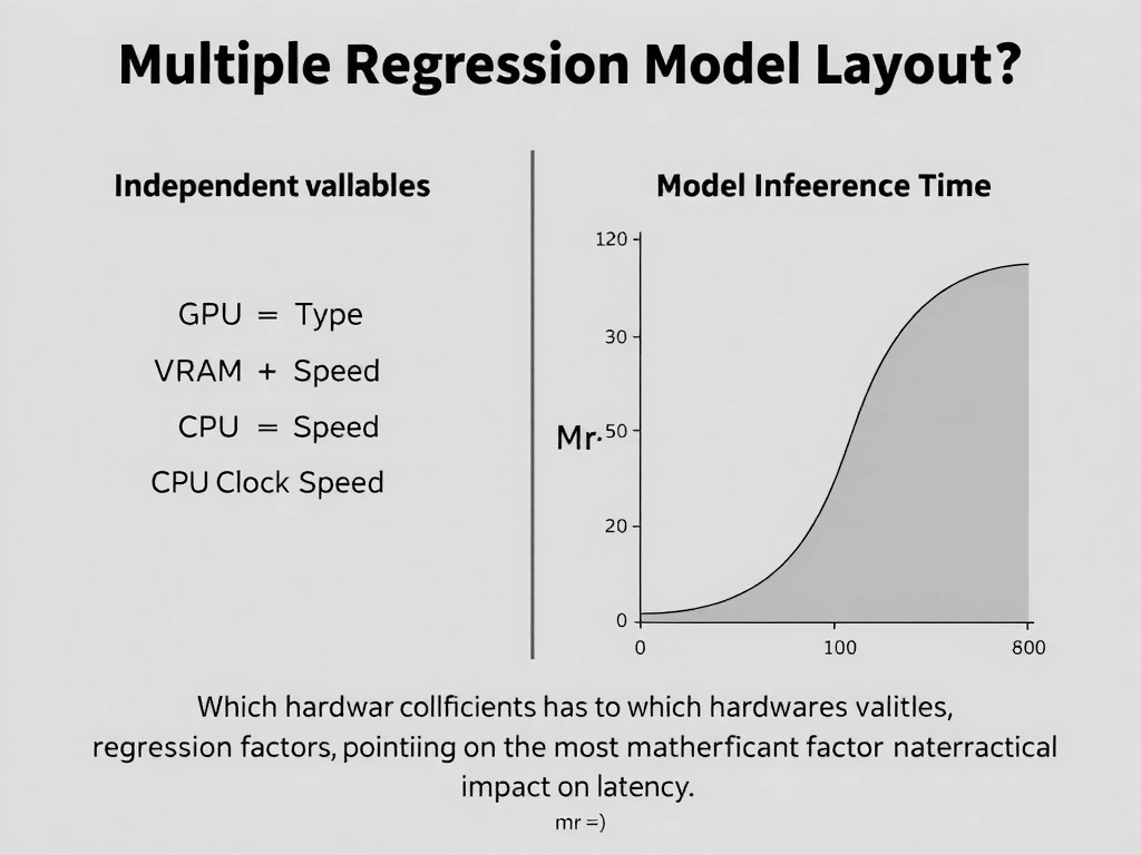 The image should depict a multiple regression model layout. On one side, show independent hardware variables (GPU Type, VRAM Size, CPU Clock Speed) feeding into a regression analysis engine. On the other side, show the dependent variable (Model Inference Time). The graphic should display regression coefficients pointing to which hardware factor has the most significant mathematical impact on latency.