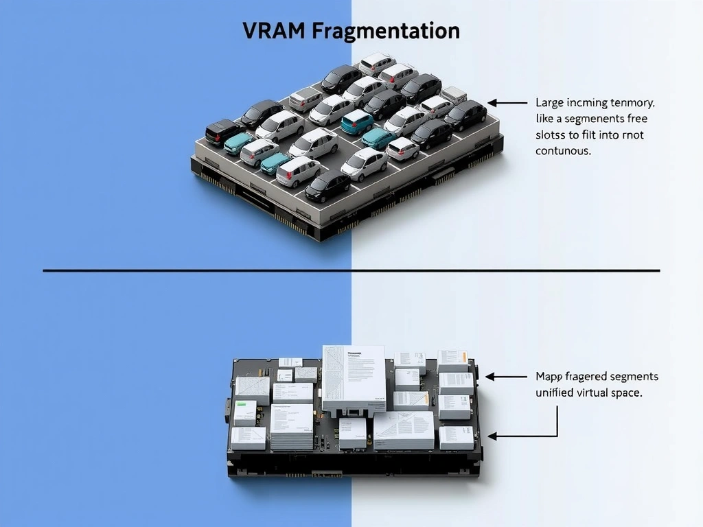 The image should illustrate VRAM fragmentation. Show a block of GPU memory divided into small allocated and free segments (like a fragmented hard drive or parking lot). A large incoming tensor is shown trying to fit into the memory but fails because the free slots are not contiguous. The second half of the image should show NVIDIA Unified Memory enabling page migration, mapping these fragmented segments into a unified virtual space to allow the allocation to succeed.
