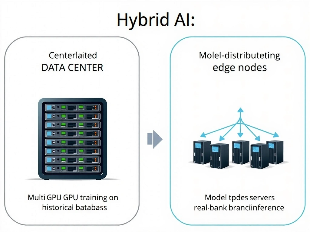 An architectural diagram showing a hybrid AI setup: on the left, a centralized data center containing a cluster of multi-GPU servers running model training on historical databases; on the right, distributed edge nodes (or bank branch servers) running real-time transaction inference, with an arrow showing model updates being deployed from the center to the edge.