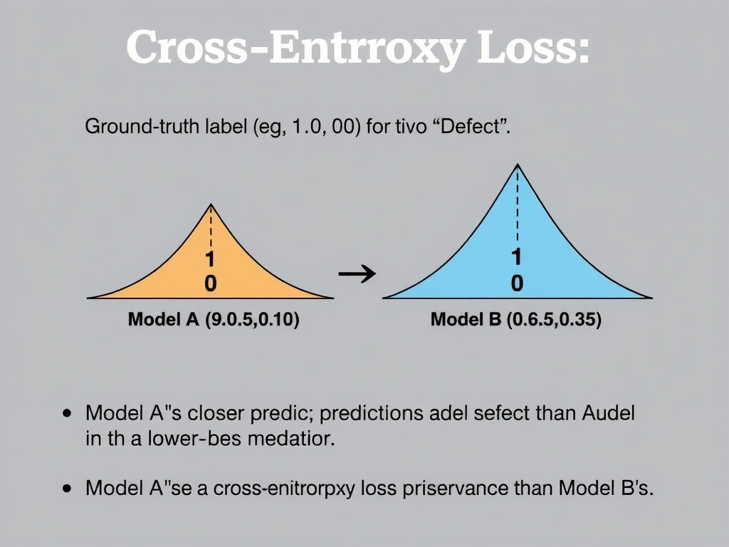 A diagram explaining cross-entropy loss: showing a ground-truth label (e.g., [1, 0] for 'Defect') compared to two different model prediction probability outputs (Model A: [0.90, 0.10], Model B: [0.65, 0.35]). It illustrates how Model A's closer prediction results in a lower cross-entropy loss value (better performance) than Model B's.
