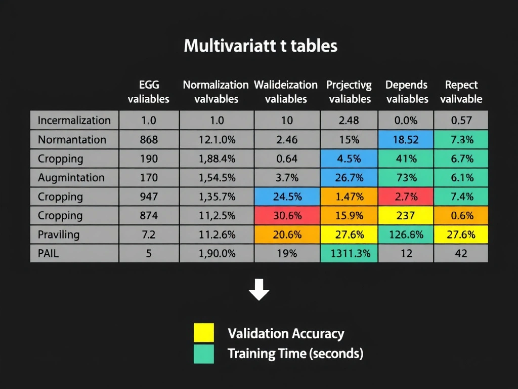 A statistical table showing multivariate regression analysis results, with independent variables (e.g., Normalization, Augmentation, Cropping) in rows, and columns for coefficients, p-values, and significance markers pointing to dependent variables like 'Validation Accuracy' and 'Training Time (seconds)'.