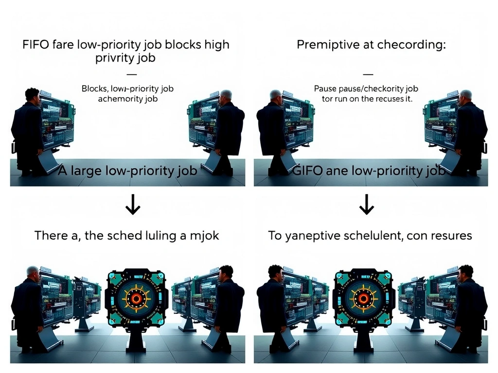 The image should show a comparison between FIFO scheduling (where a large low-priority job blocks a critical high-priority job) and Preemptive scheduling (where the scheduler pauses/checkpoints the low-priority job to let the high-priority job run on the GPUs, then resumes it).