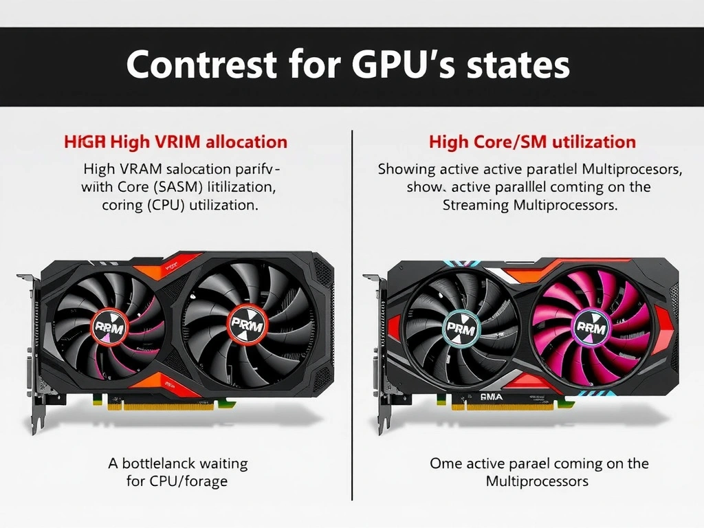 The image should contrast two GPU states: one with high VRAM allocation but low Core (SM) utilization (showing a bottleneck waiting for CPU/storage), and one with high Core (SM) utilization (showing active parallel computing on the Streaming Multiprocessors).
