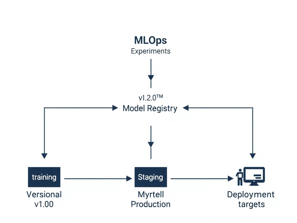 A diagram illustrating the MLOps pipeline flow from training experiments to a centralized Model Registry, showing versioning (v1.0, v2.0), metadata logging, and transition states (Staging, Production) leading to deployment targets.