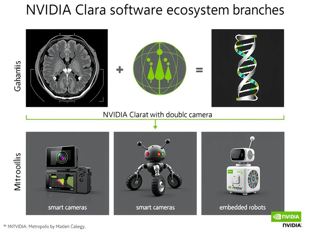 An illustration of the NVIDIA software ecosystem branches, highlighting NVIDIA Clara branching into medical imaging (MRI scans with highlighted organs) and genomics (DNA double-helix sequence processing), alongside distinct branches for Metropolis (smart cameras) and Jetson (embedded robots).