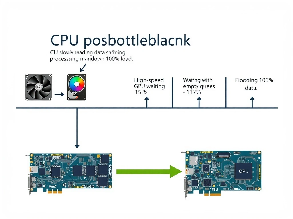 A pipeline flow diagram showing a bottleneck where a CPU is slowly reading data from a hard drive and doing preprocessing (spinning wheel, 100% load), while the high-speed GPU is shown waiting with empty queues (15% utilization). An arrow points to the solution: optimized pipeline using multithreading and fast I/O, flooding the GPU with data (100% utilization).