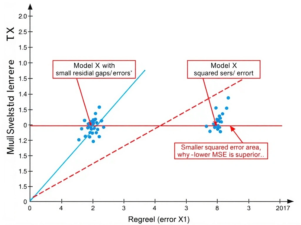 A graph showing actual data points versus two regression lines representing Model X (with small residual gaps/errors) and Model Y (with large residual gaps/errors). Visual callouts point out the smaller squared error area for Model X, showing why a lower MSE is superior.