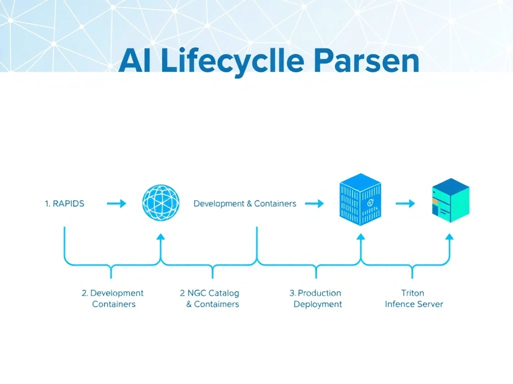 A sequential pipeline diagram showing the phases of an AI lifecycle: 1. Data Preparation (labeled RAPIDS), 2. Development & Containers (labeled NGC Catalog), and 3. Production Deployment (labeled Triton Inference Server), illustrating how data flows through the three systems.