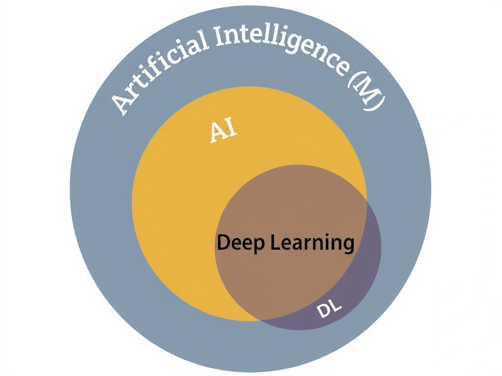 A diagram showing the nested relationship of AI, ML, and DL. An outer box represents Artificial Intelligence, an inner box represents Machine Learning, and the innermost box represents Deep Learning. Annotated arrows explain that DL uses multi-layer neural networks and automatic feature extraction, while ML focuses on learning from data, and AI is the broad parent domain.