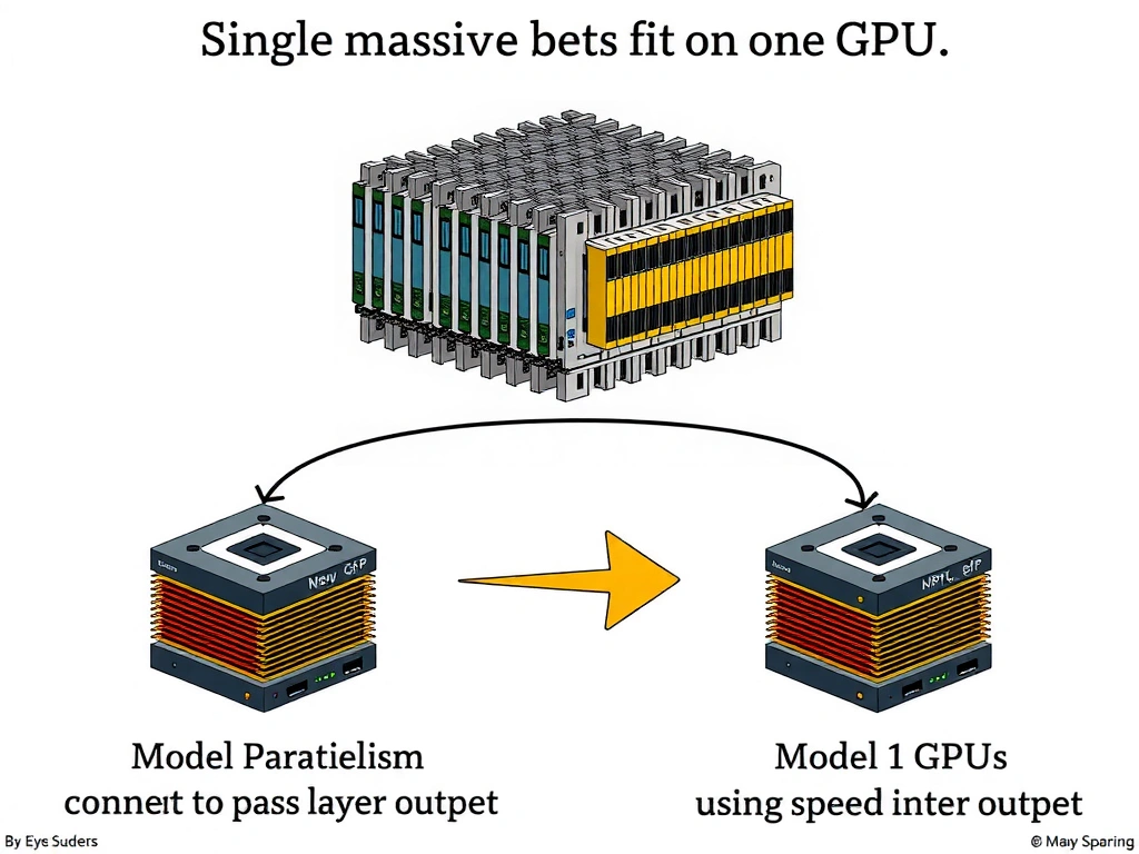 Diagram showing a single massive deep learning model that cannot fit on one GPU, contrasted with the model partitioned across two GPUs (Model Parallelism) using high-speed interconnects to pass layer outputs.