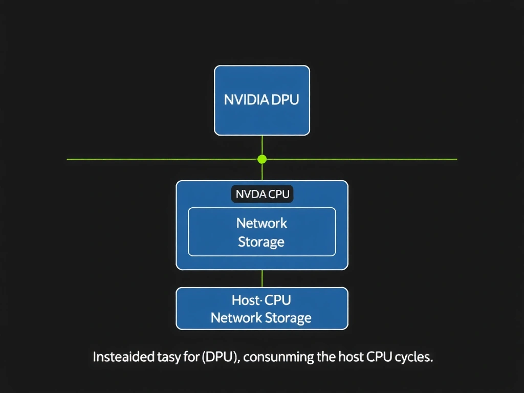 An architectural diagram showing a host CPU and an NVIDIA DPU, illustrating how network, storage, and security tasks are routed directly to the DPU (offloaded) instead of consuming the host CPU's cycles.